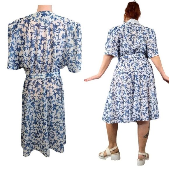 VTG 80s White Blue Floral Belted Midi Dress Size 20P *fits like XL Petite - Picture 10 of 16
